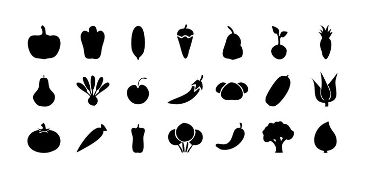 Colecci&oacute;n de &iacute;conos vegetales detallados como zanahoria, br&oacute;coli, tomate, pepino, pimiento morr&oacute;n, cebolla, ajo, papa, espinaca y lechuga para ilustraciones culinarias y de jardiner&iacute;a.