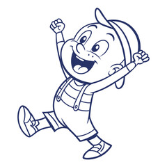 Joyful Cartoon Kid with Cap and Overalls Jumping with Excitement Outlined on White
