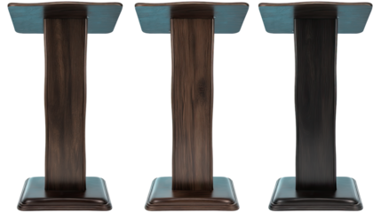 Wooden Lectern Set: Three elegant wooden lecterns in varying finishes—dark brown, light brown, and black—stand ready for presentations or ceremonies.