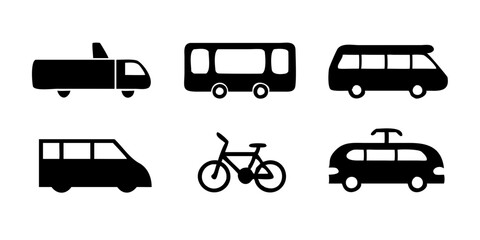 Set of transport icons representing various urban vehicles like bus, tram, metro, taxi, train, bicycle, electric scooter, and subway train for travel and city mobility