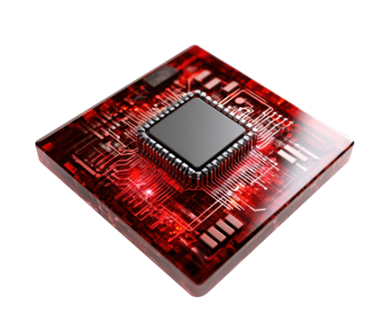 Red circuit board with microchip on display for technology designs, cut out