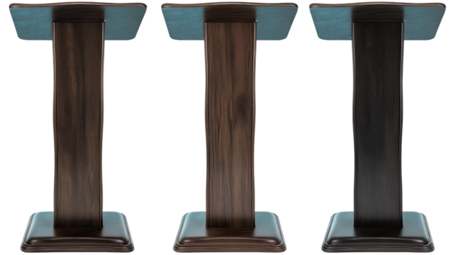 Wooden Lectern Set: Three elegant wooden lecterns in varying finishes—dark brown, light brown, and black—stand ready for presentations or ceremonies.