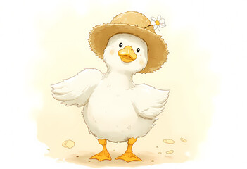 Cute cartoon duckling wears straw hat adorned with daisy on sunny day.
