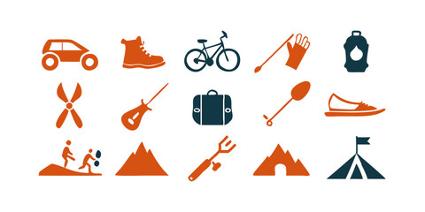 Fototapeta premium Set of Outdoor Adventure and Sports Icons, including hiking boots, climbing rope, mountain bike, kayak, camping tent, and fishing rod.