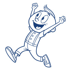 Cheerful Cartoon Boy Leaping with Joy, Outline in Blue, White Background