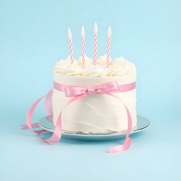 white birthday cake with pink ribbon 