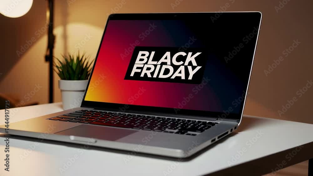 Poster modern laptop computer displaying black friday sale advertisement on its screen, placed on a white t