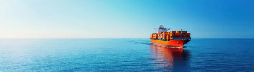 Fototapeta premium Large cargo ship sailing through calm blue ocean waters at dawn