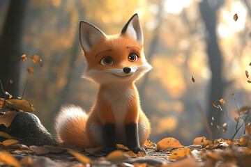 Adorable fox cub sitting on a forest path surrounded by autumn leaves in a serene woodland