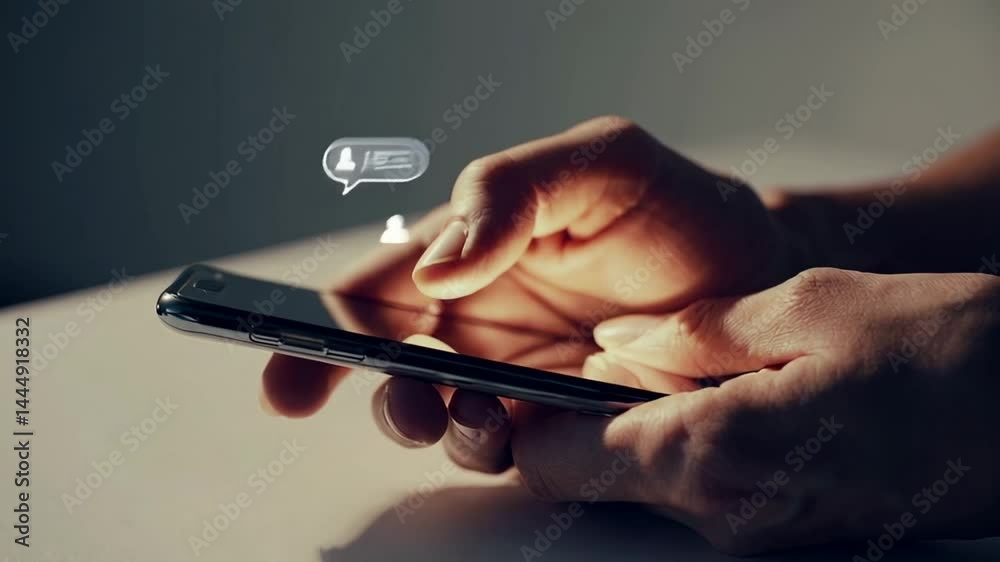 Poster Digital chaos unfolding, hands gripping smartphone, scrolling through social media, drowning in endless notifications and messages causing communication overload