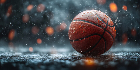  Basketball on the floor. Modern Basketball Arena with Rings with Spotlights, Creative Idea. Tournament and Win. Basketball game with full hall of fans on background. Basketball Championship