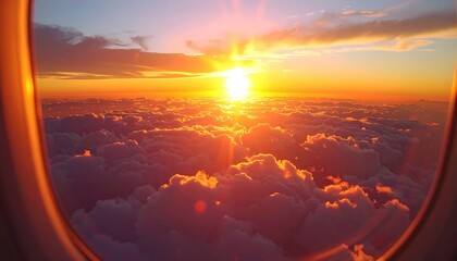 Golden Sunset Cloudscape Viewed from Airplane Window