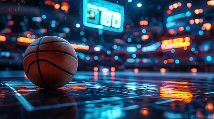  Basketball on the floor. Modern Basketball Arena with Rings with Spotlights, Creative Idea. Tournament and Win. Basketball game with full hall of fans on background. Basketball Championship