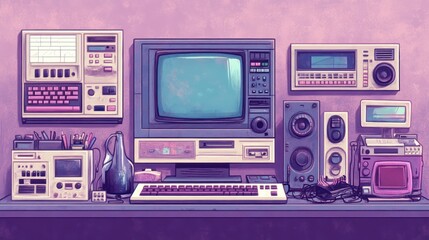Obraz premium Vaporwave Retro Techscape: A Nostalgic Array of Vintage Computing and Audio Devices