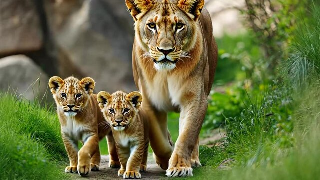 African lioness walks with her playful lion cubs in a lush green habitat, African Lioness with Lion Cubs