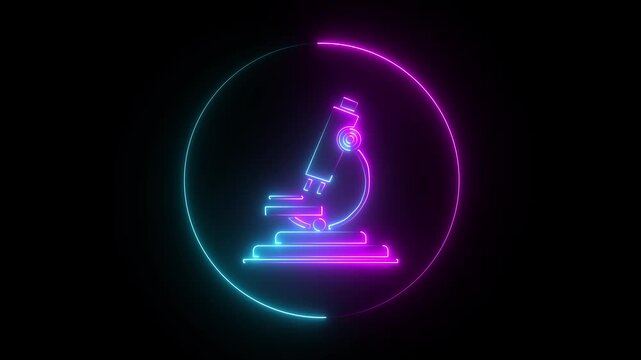 Animation of a microscope icon with a glowing neon effect on black background.