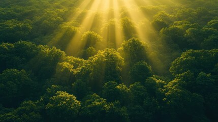 Fototapeta premium Sunbeams through the verdant canopy, creating a mystical atmosphere in forest