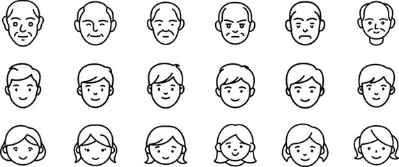 Face Avatar Icon Set. Line Style Male Female Kids and Elderly Portraits