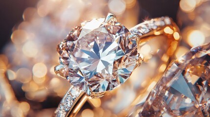 Fototapeta premium A close-up of a diamond ring sparkling under bright light, symbolizing luxury and elegance