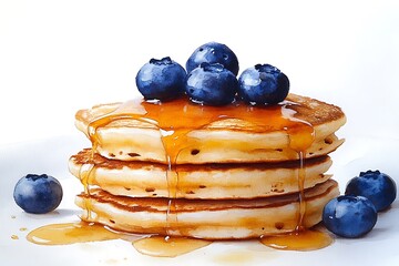 Golden pancakes drizzled with syrup and topped with fresh blueberries