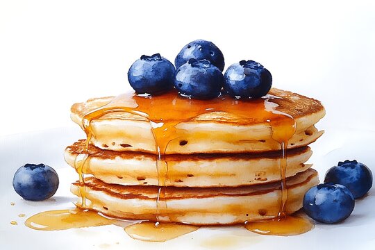 Golden pancakes drizzled with syrup and topped with fresh blueberries