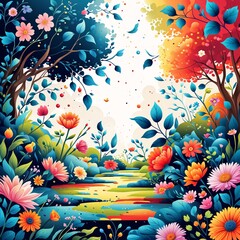 Whimsical Colorful Garden Scene with Bright Flowers and a Stream in Spring