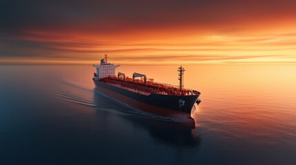 Obraz premium Large Cargo Ship Navigating Calm Waters Under Vibrant Sunset Sky