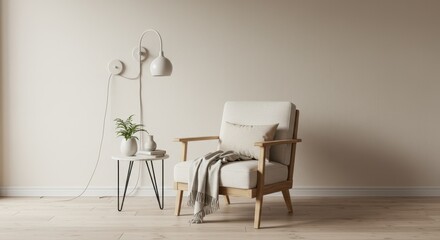 Interior scene with armchair, side table and lamp against a neutral wall