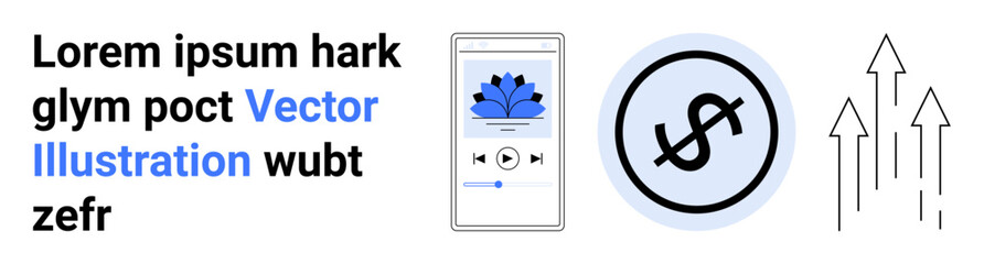 Smartphone displays music player with flower icon, dollar symbol in circle representing finances, upward arrows for growth. Ideal for finance, music, technology, investment, motivation, education