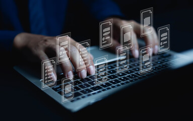 Business people use computers to upload documents from folders to manage online document databases...