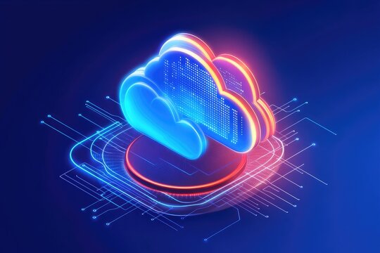 Glowing cloud icon, data processing, digital technology  Data cloud representation,  circuit board,  3D rendering
