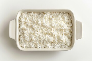Freshly Shredded Coconut in a White Baking Dish Ready for Use