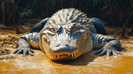 Huge alligator resting in muddy water