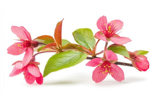 Delicate pink blossoms and fresh green leaves on a branch  Close-up, isolated on white background  Vibrant spring flowers - Powered by Adobe