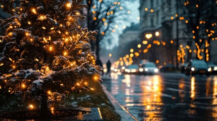 Obraz premium A festive winter street decorated with bright holiday lights