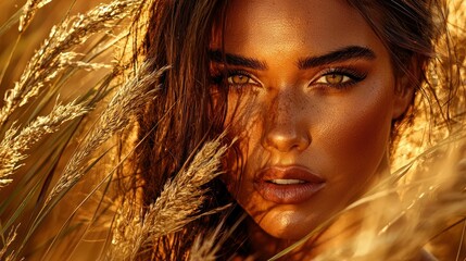 A beautiful woman posed outdoors surrounded by tall grass