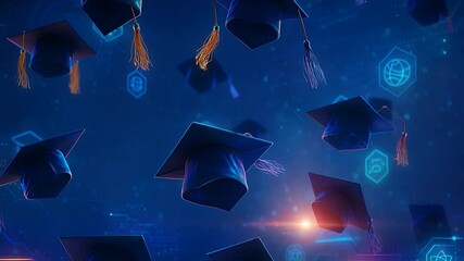 Flying Graduation Caps with Futuristic Digital Icons Representing Virtual Education, Online Learning, and Academic Success

