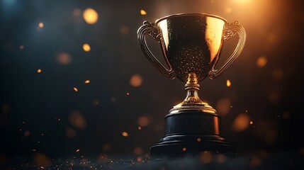 Golden trophy on a black pedestal, surrounded by sparkling particles