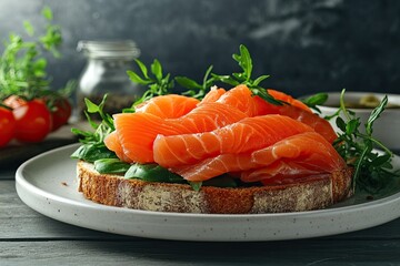Fresh salmon toast topped with arugula and herbs  A gourmet open-faced sandwich with sliced salmon, fresh herbs, and a bed of vibrant green arugula, served on a toasted slice of whole-wheat bread