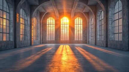 Obraz premium Industrial space bathed in golden sunlight through large windows