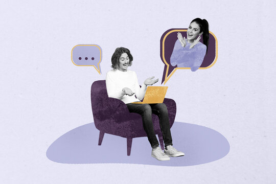 Composite 3D photo collage design trend sketch of tag message quote sticker bubble young man sit armchair video call laptop lady app date