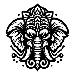 Ornamental elephant head in tribal style, black and white vector illustration with intricate decorative patterns, perfect for tattoos, prints, or ethnic design themes.