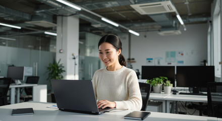 Fototapeta premium Cheerful Office Asian Woman Worker Working in Minimalist Clean Environment