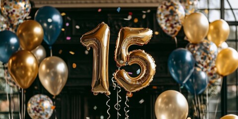 Golden Number 15 Balloon With Vibrant Festive Balloons And Confetti For 15th Birthday