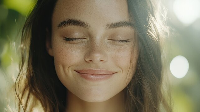 A beautiful woman with closed eyes smiling softly in sunlight