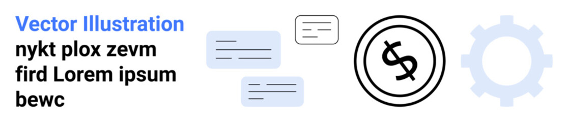 Dollar coin with overlapping lines, text boxes of varying sizes, and a gear outline. Ideal for finance, technology, communication, teamwork, business operations education. Abstract line flat