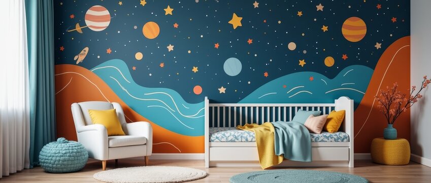 Fototapeta Space theme. Creative and bright eco design of a children's room. Bright fantasy wallpaper on the wall of baby room.