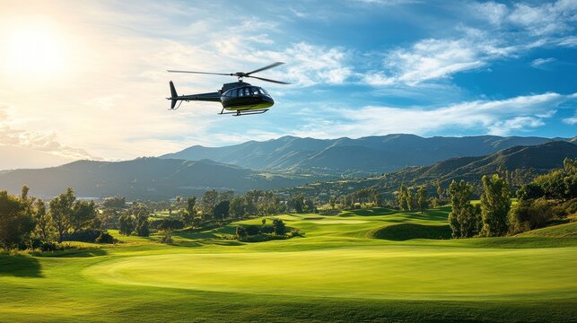 Helicopter flight over scenic golf course at sunset in a breathtaking landscape