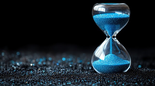 Hourglass isolated on black; time concept with right text space.