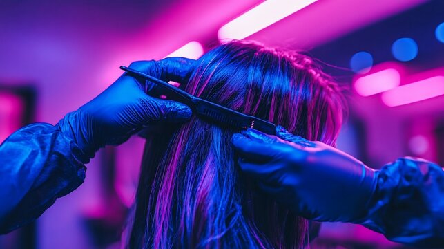 Hair styling in a vibrant salon, sectioning long brown hair with a comb under neon lights